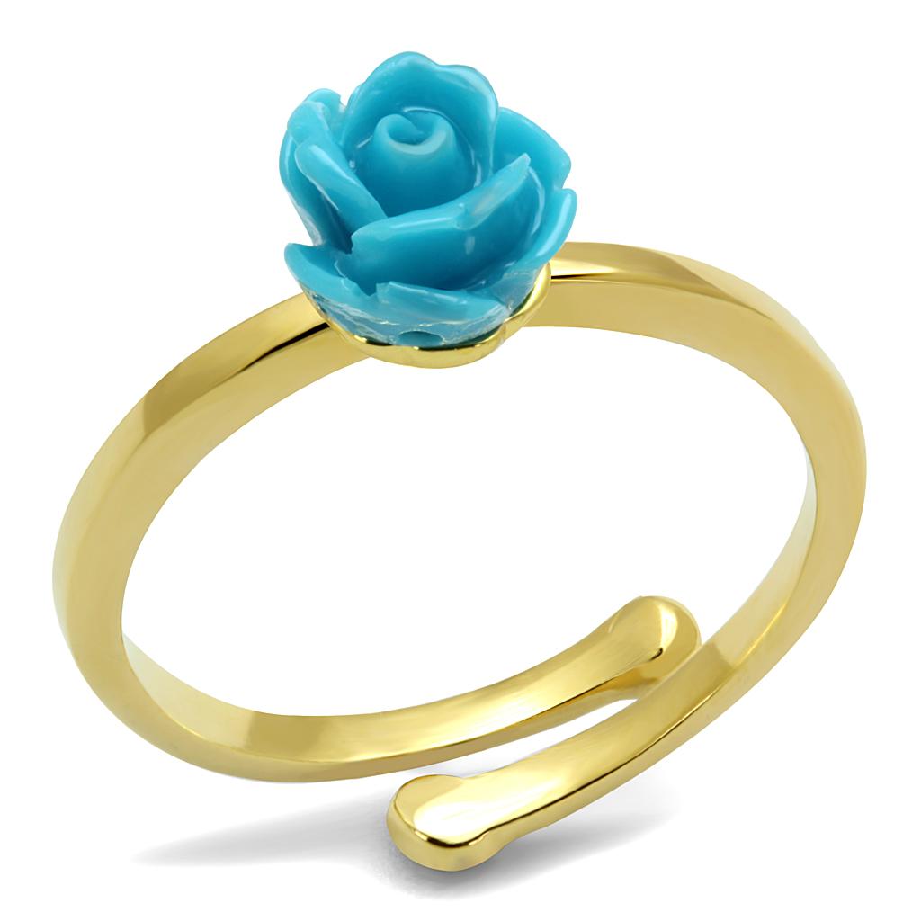 JCE4060 Flash Gold Brass Ring with Synthetic Synthetic Stone in Sea Blue