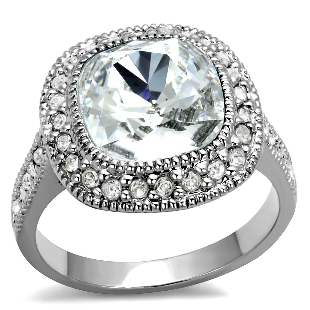 JCE4092 Rhodium Brass Ring with Top Grade Crystal in Clear