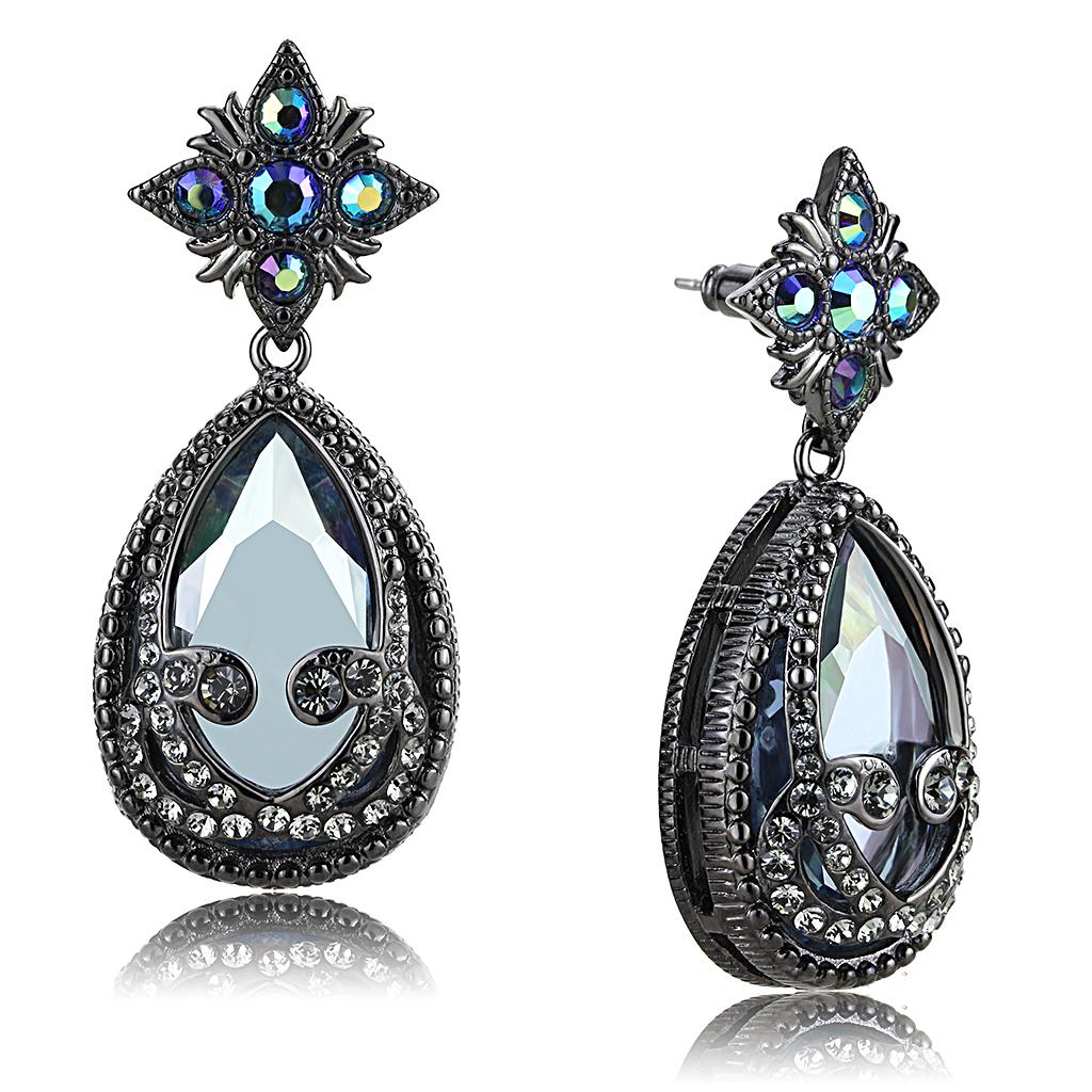 JCE4201 TIN Cobalt Black Brass Earrings with AAA Grade CZ in Clear