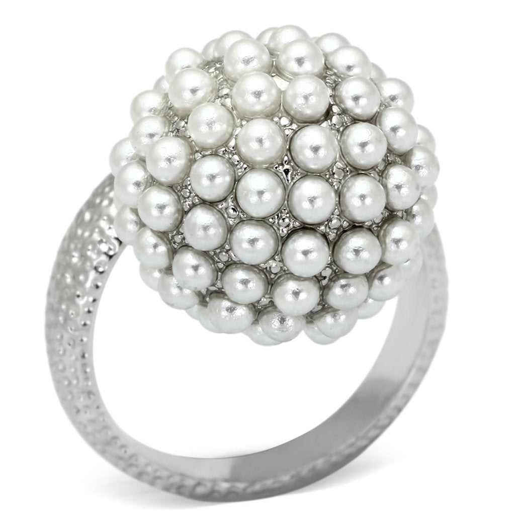 JCEA831 Rhodium Brass Ring with Synthetic Pearl in White
