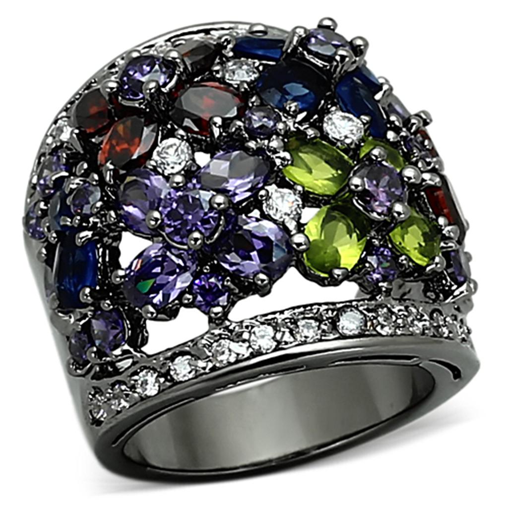 JCEA884 Ruthenium Brass Ring with AAA Grade CZ in Multi Color