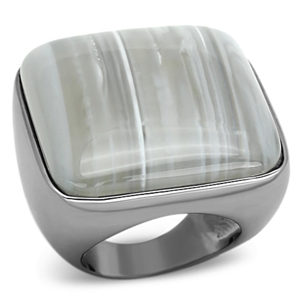 JCEA905 Ruthenium Brass Ring with Semi-Precious Agate in Light Gray