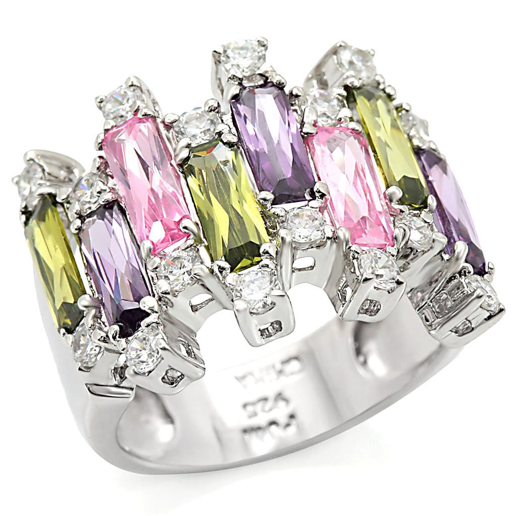 JCES334 Rhodium 925 Sterling Silver Ring with AAA Grade CZ in Multi Color