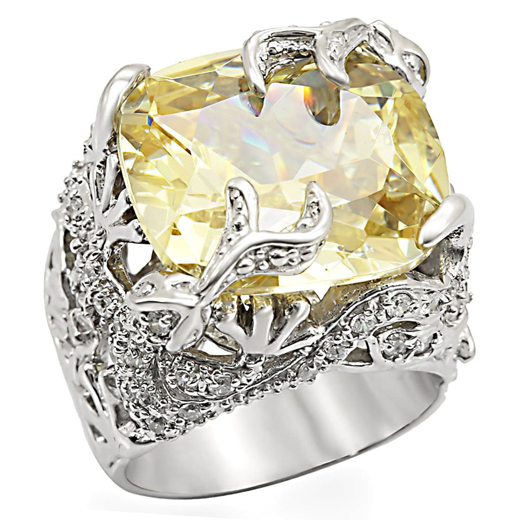 JCES335 Rhodium 925 Sterling Silver Ring with AAA Grade CZ in Citrine Yellow