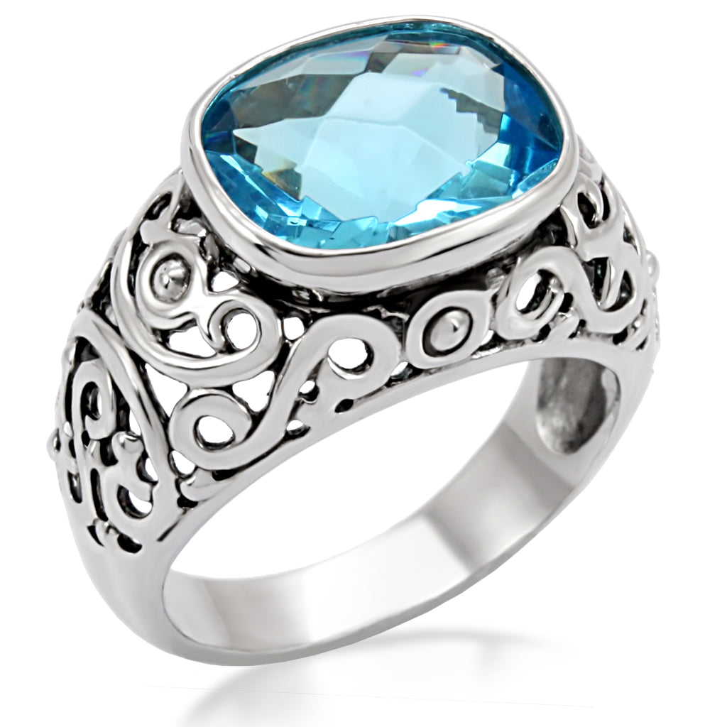 JCE020 High polished (no plating) Stainless Steel Ring with Synthetic Synthetic Glass in Sea Blue