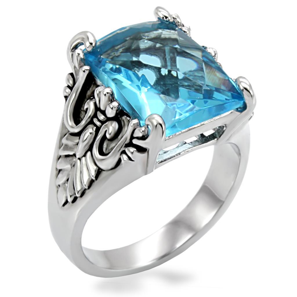 JCE021 High polished (no plating) Stainless Steel Ring with Synthetic Synthetic Glass in Sea Blue