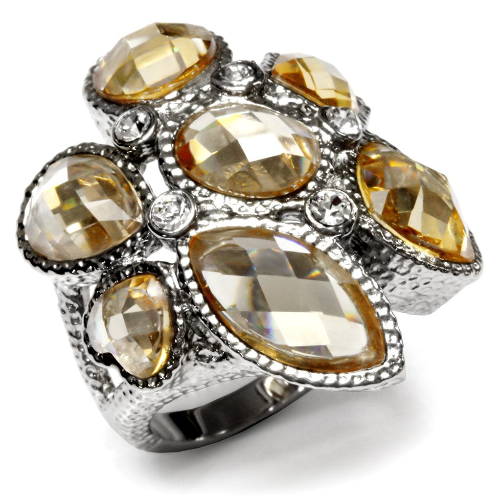 JCE044 High polished (no plating) Stainless Steel Ring with AAA Grade CZ in Champagne
