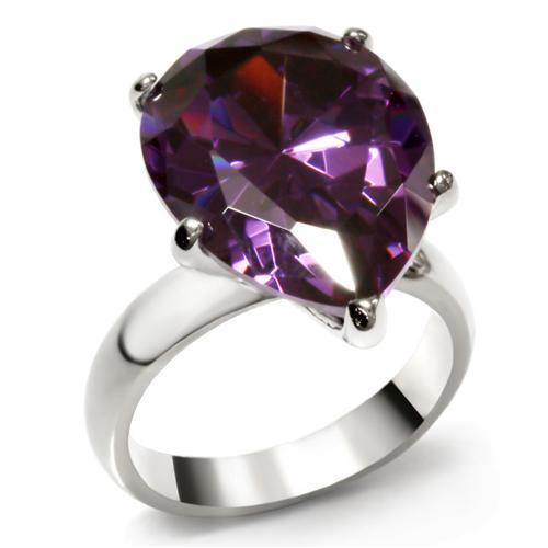 JCE045 High polished (no plating) Stainless Steel Ring with AAA Grade CZ in Amethyst