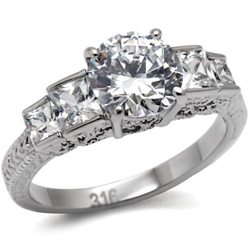 JCE057 High polished (no plating) Stainless Steel Ring with AAA Grade CZ in Clear
