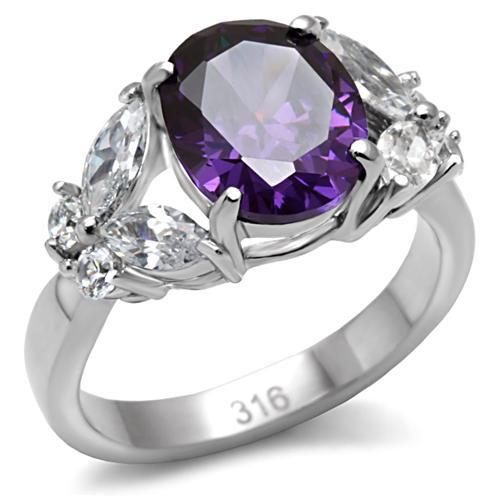 JCE086 High polished (no plating) Stainless Steel Ring with AAA Grade CZ  in Amethyst