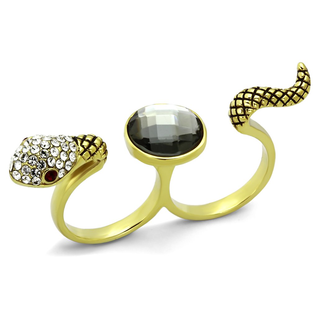 JCE1036 IP Gold(Ion Plating) Stainless Steel Ring with Synthetic Glass Bead in Black Diamond