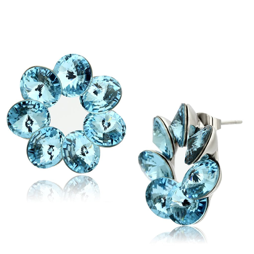 JCE1044 High polished (no plating) Stainless Steel Earrings with Top Grade Crystal in Sea Blue
