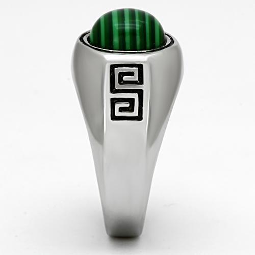JCE1070 High polished (no plating) Stainless Steel Ring with Synthetic MALACHITE in Emerald