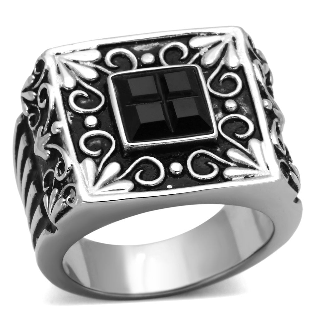 JCE1074 High polished (no plating) Stainless Steel Ring with Synthetic Synthetic Glass in Jet