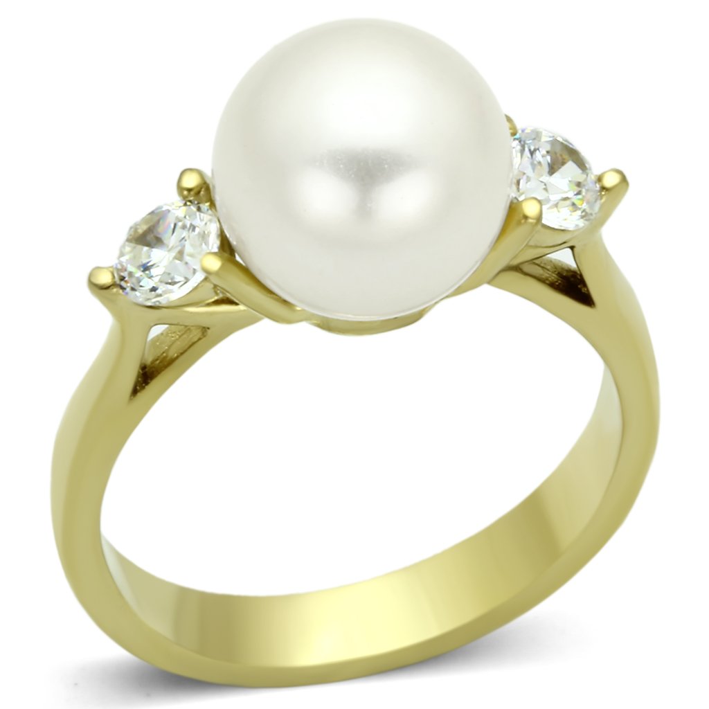 JCE1103 IP Gold(Ion Plating) Stainless Steel Ring with Synthetic Pearl in White
