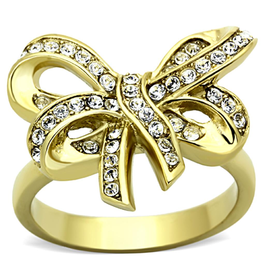 JCE1108 IP Gold(Ion Plating) Stainless Steel Ring with Top Grade Crystal  in Clear