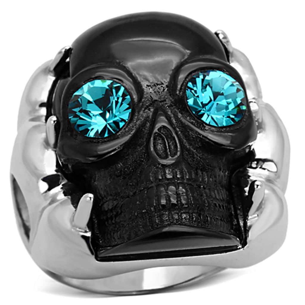 JCE1118 Two-Tone IP Black Stainless Steel Ring with Top Grade Crystal  in Blue Zircon