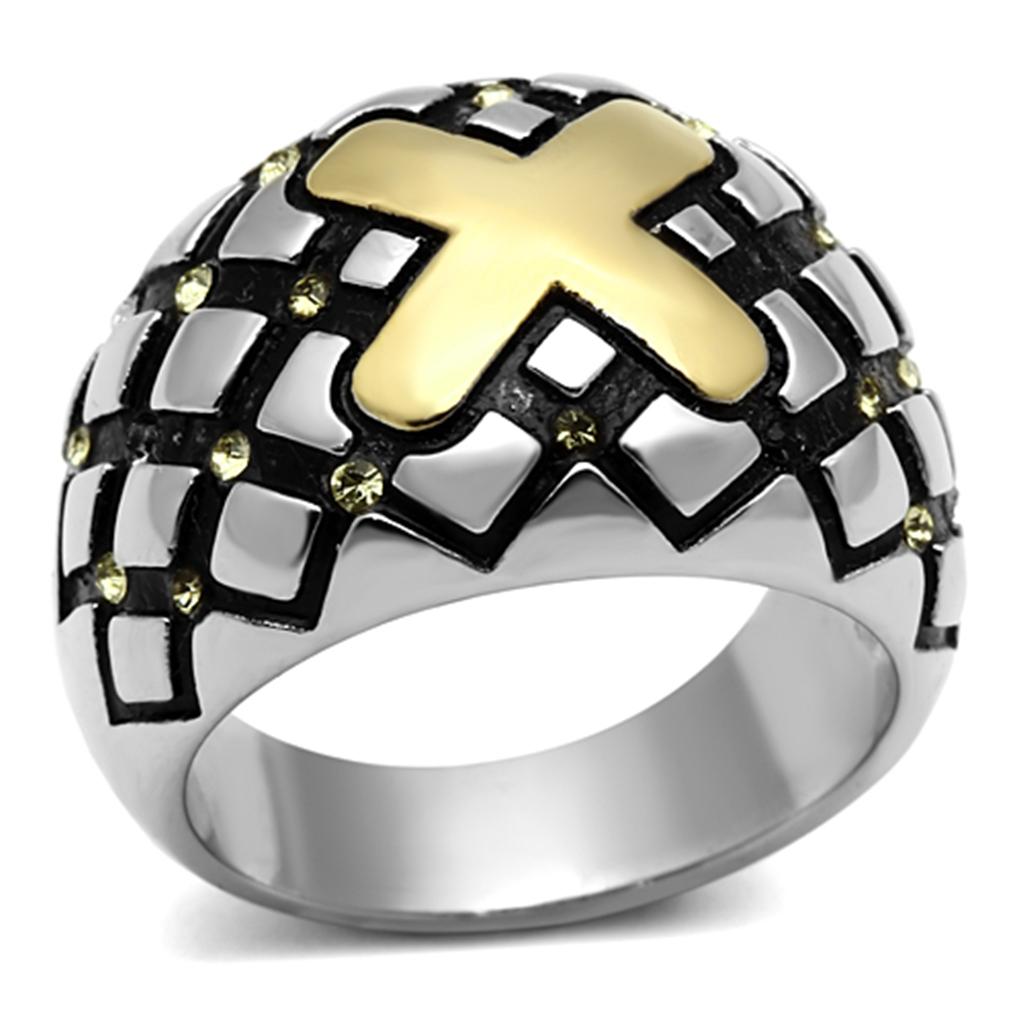 JCE1131 Two-Tone IP Gold (Ion Plating) Stainless Steel Ring with Top Grade Crystal  in Citrine Yellow