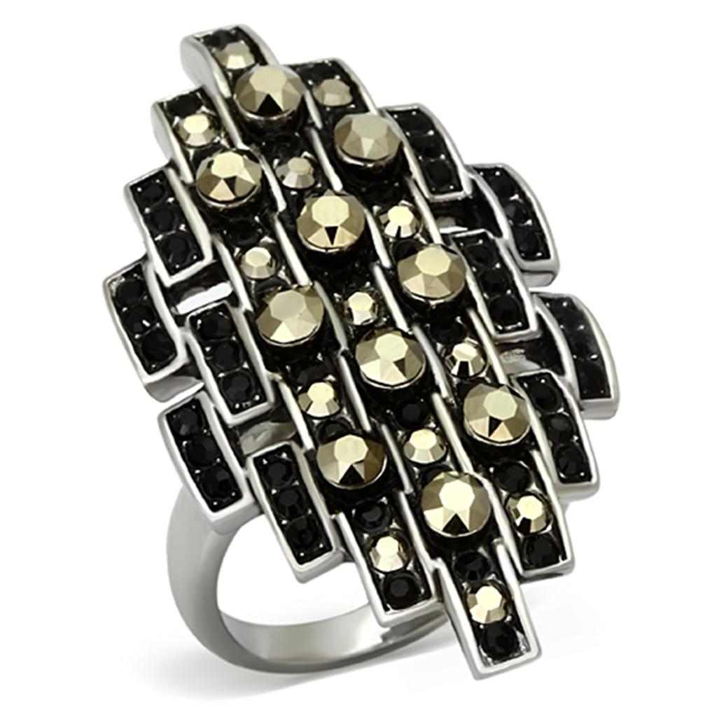 JCE1136 High polished (no plating) Stainless Steel Ring with Top Grade Crystal  in Jet