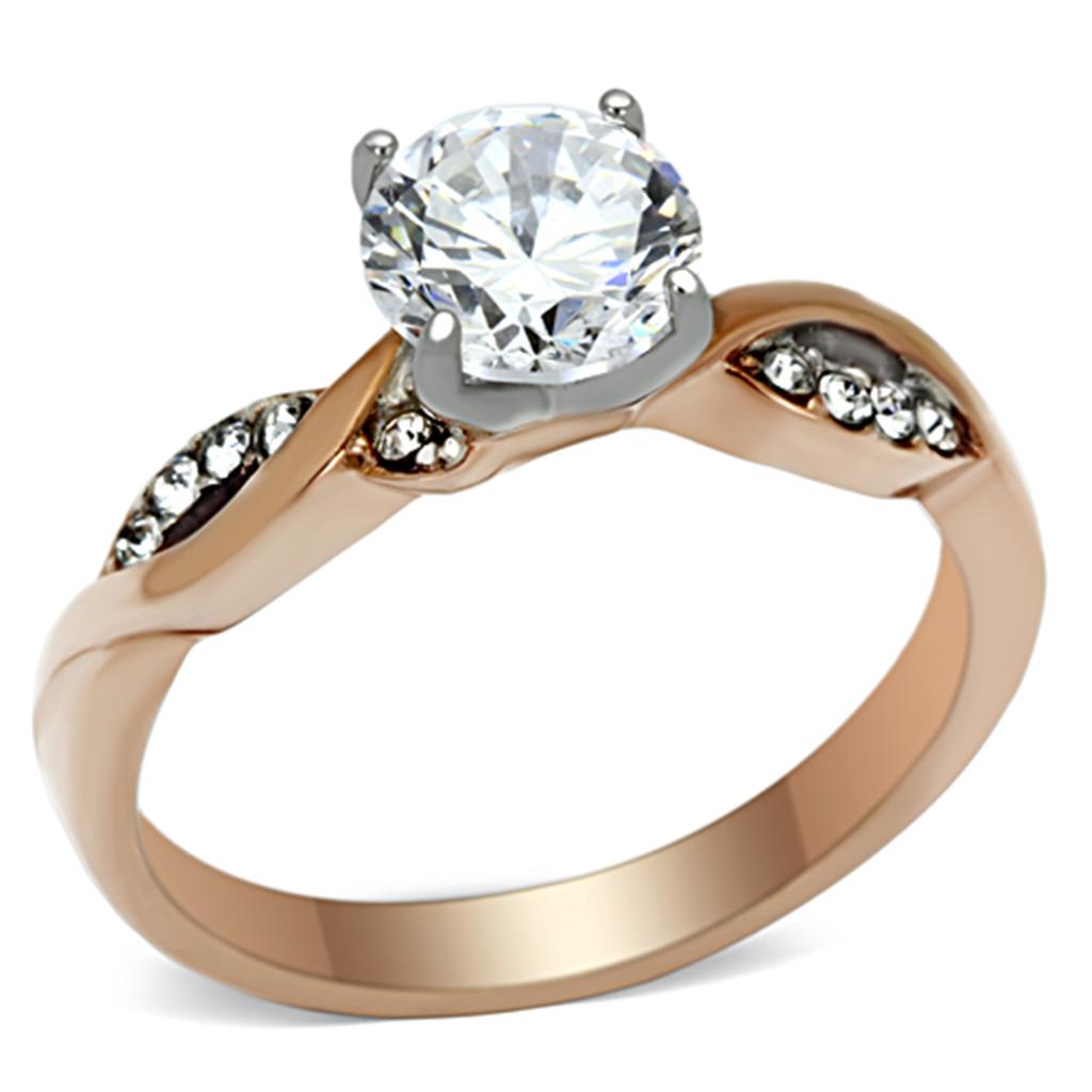 JCE1163 Two-Tone IP Rose Gold Stainless Steel Ring with AAA Grade CZ  in Clear