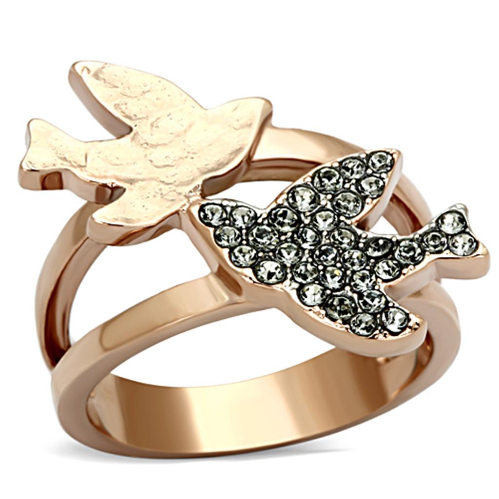 JCE1165 Two-Tone IP Rose Gold Stainless Steel Ring with Top Grade Crystal  in Black Diamond