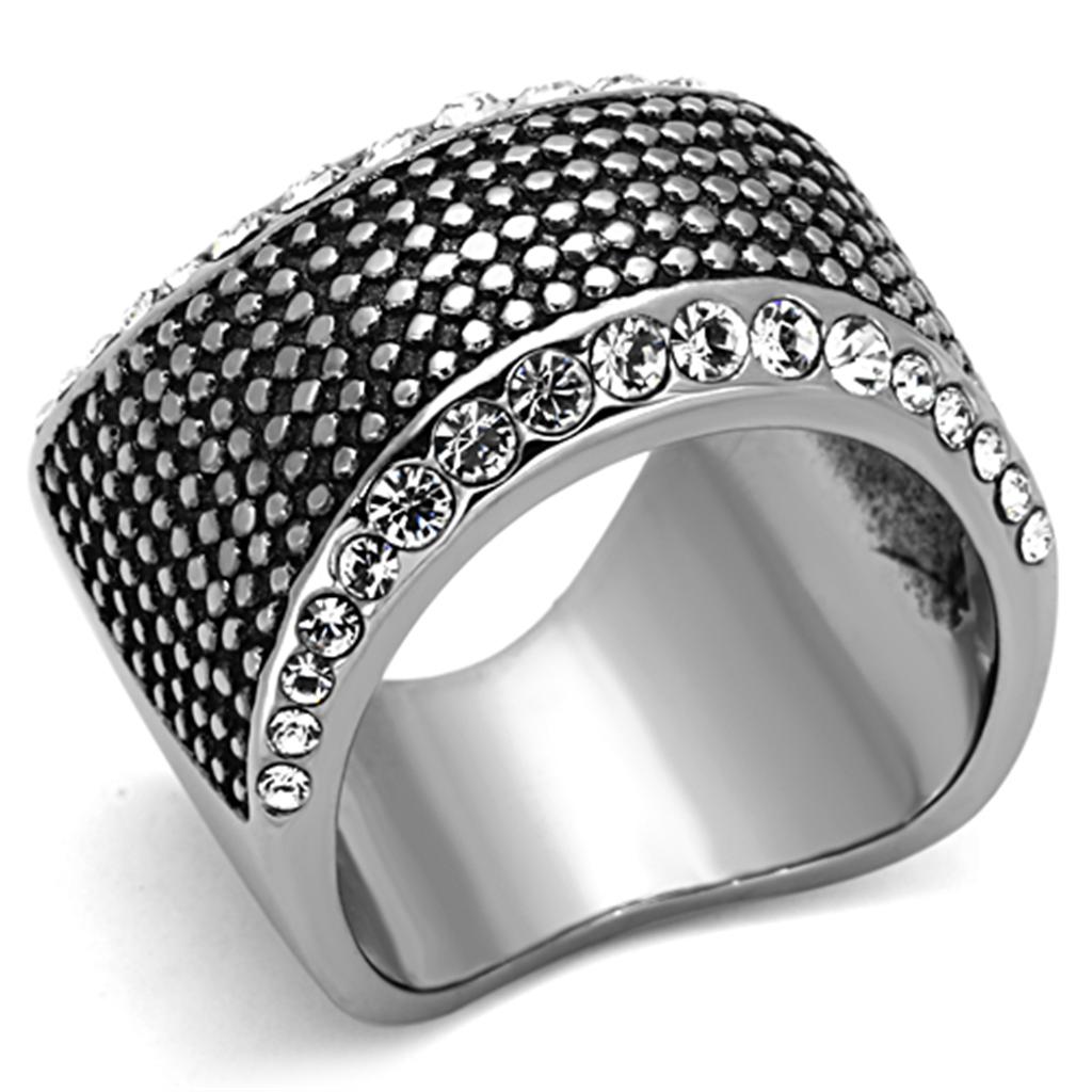 JCE1198 High polished (no plating) Stainless Steel Ring with Top Grade Crystal  in Clear