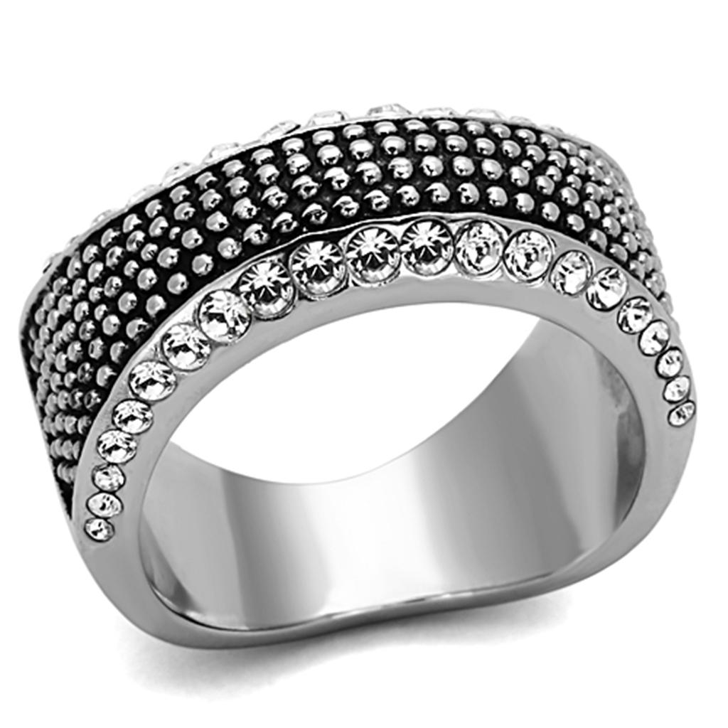 JCE1216 High polished (no plating) Stainless Steel Ring with Top Grade Crystal  in Clear
