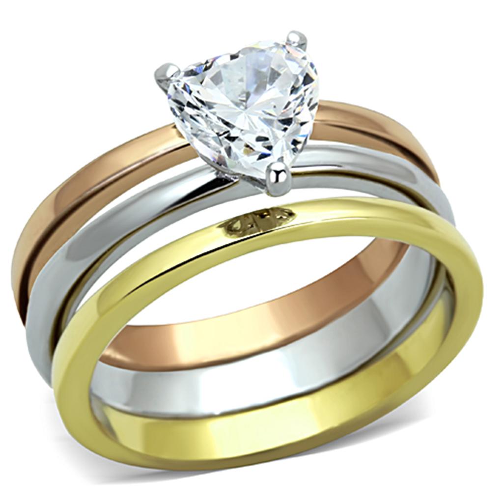 JCE1274 Three Tone IP+»-+-åIP Gold & IP Rose Gold & High Polished) Stainless Steel Ring with AAA Grade CZ  in Clear
