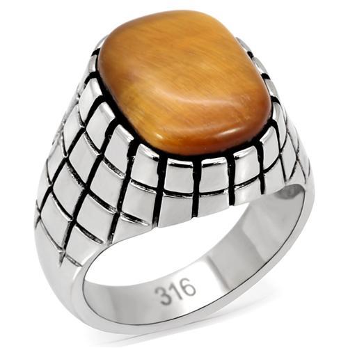 JCE129 High polished (no plating) Stainless Steel Ring with Synthetic Tiger Eye in Topaz