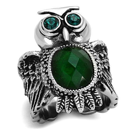 JCE1312 High polished (no plating) Stainless Steel Ring with Synthetic Synthetic Glass in Emerald