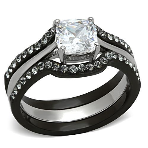 JCE1343 Two-Tone IP Black Stainless Steel Ring with AAA Grade CZ in Clear