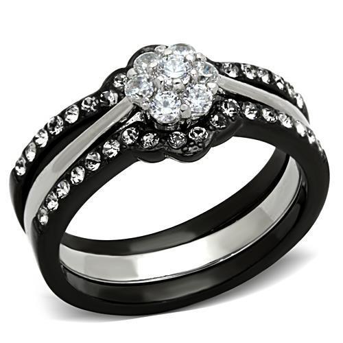 JCE1345 Two-Tone IP Black Stainless Steel Ring with AAA Grade CZ in Clear