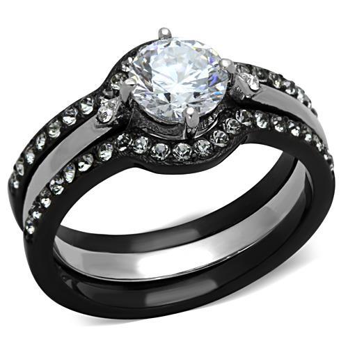 JCE1346 Two-Tone IP Black Stainless Steel Ring with AAA Grade CZ in Clear