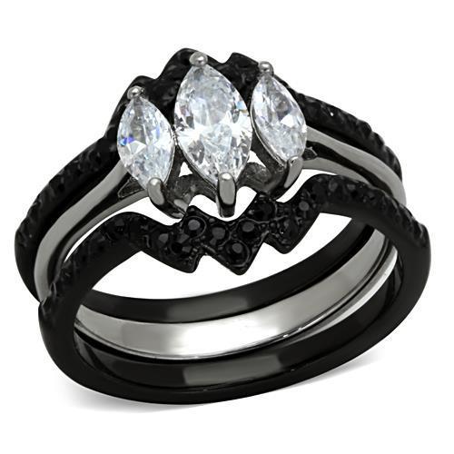 JCE1347 Two-Tone IP Black Stainless Steel Ring with AAA Grade CZ in Clear