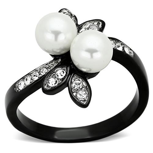 JCE1361 Two-Tone IP Black (Ion Plating) Stainless Steel Ring with Synthetic Pearl in White