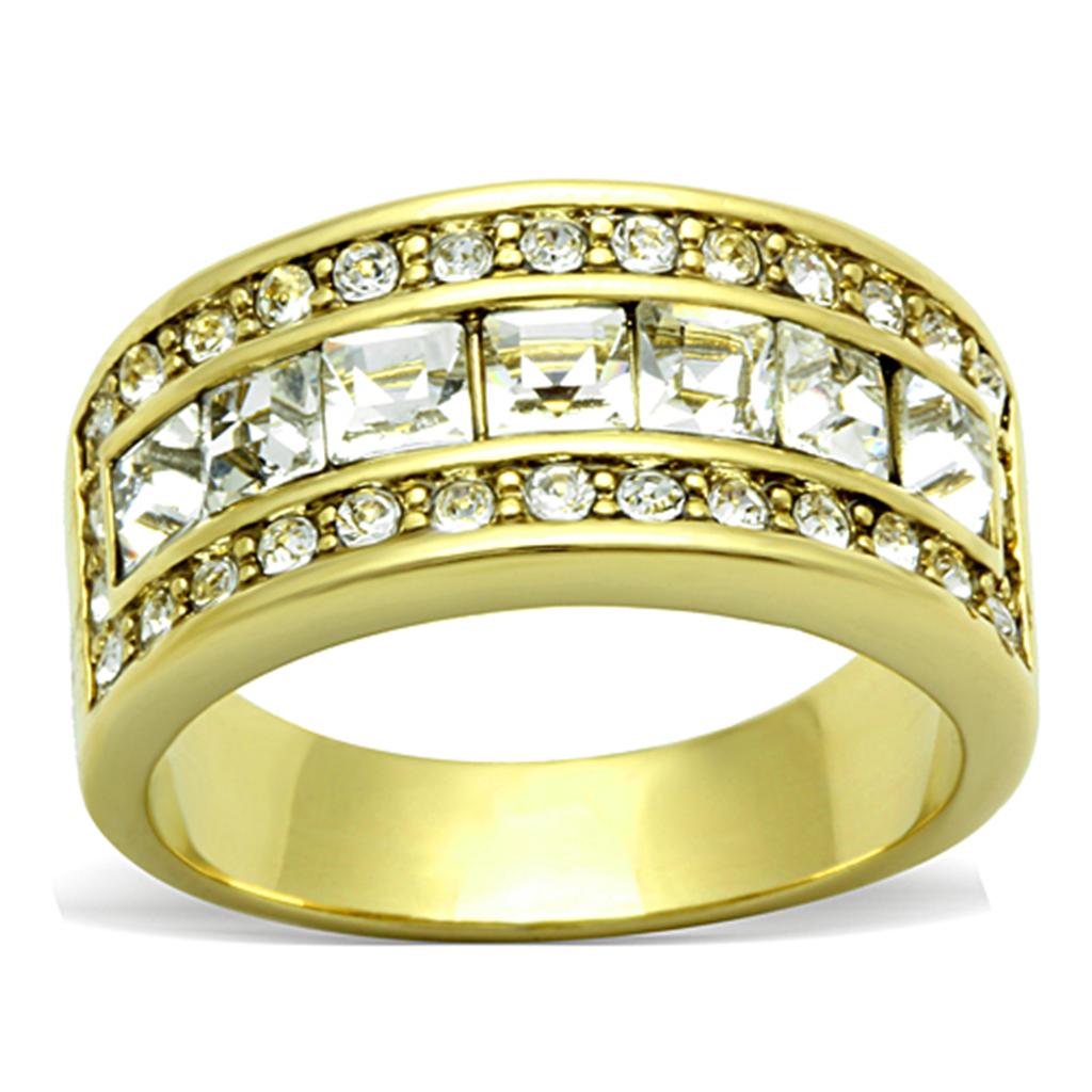 JCE1386 IP Gold(Ion Plating) Stainless Steel Ring with Top Grade Crystal in Clear