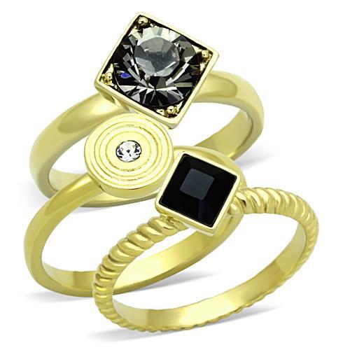 JCE1417 IP Gold(Ion Plating) Stainless Steel Ring with Top Grade Crystal  in Jet