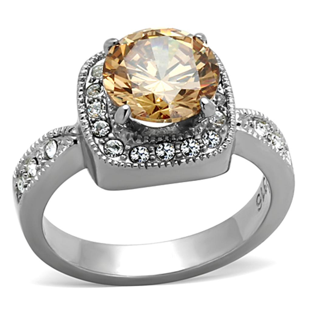 JCE1495 High polished (no plating) Stainless Steel Ring with AAA Grade CZ  in Champagne
