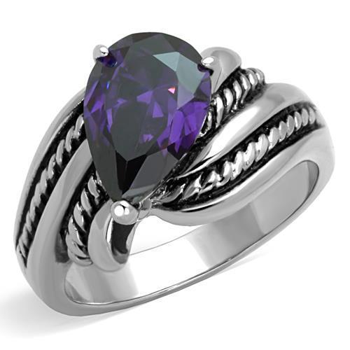 JCE1515 High polished (no plating) Stainless Steel Ring with AAA Grade CZ  in Amethyst