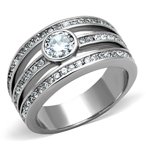 JCE1525 High polished (no plating) Stainless Steel Ring with AAA Grade CZ  in Clear