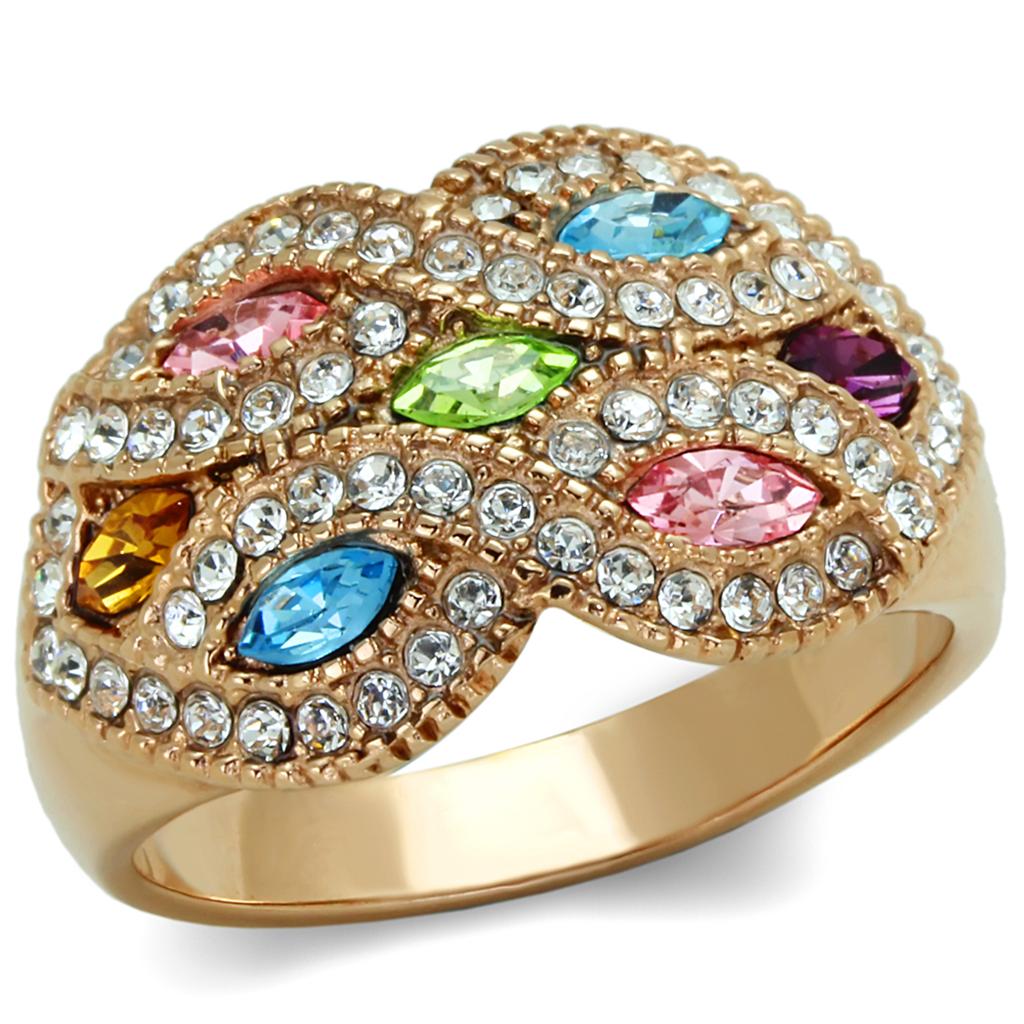 JCE1632 IP Rose Gold(Ion Plating) Stainless Steel Ring with Top Grade Crystal  in Multi Color