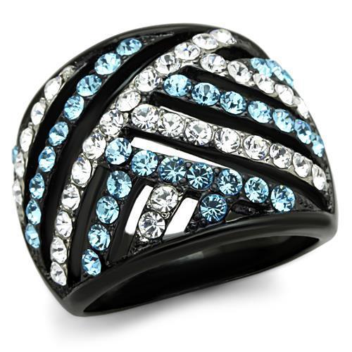 JCE1663 Two-Tone IP Black Stainless Steel Ring with Top Grade Crystal  in Sea Blue