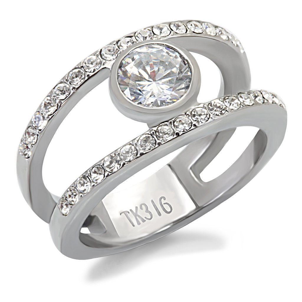 JCE171 High polished (no plating) Stainless Steel Ring with AAA Grade CZ in Clear