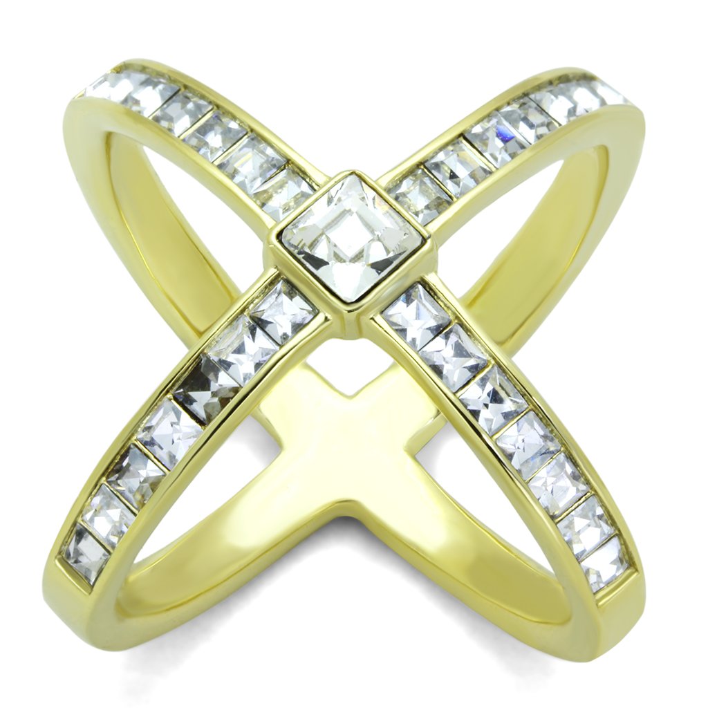 JCE1726 IP Gold(Ion Plating) Stainless Steel Ring with Top Grade Crystal in Clear