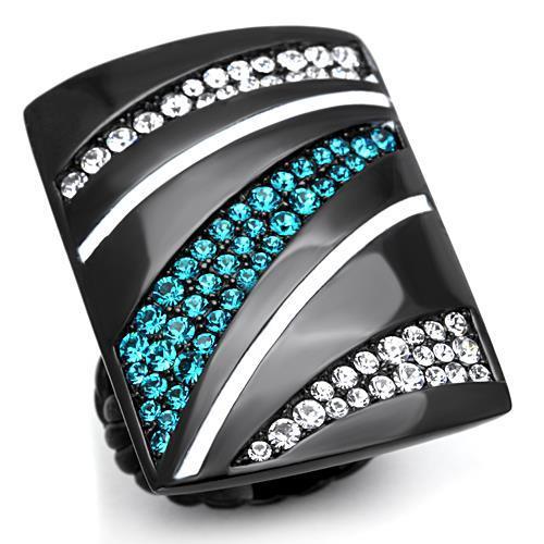JCE1736 IP Black(Ion Plating) Stainless Steel Ring with Top Grade Crystal in Blue Zircon