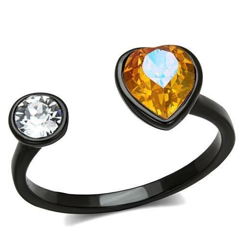 JCE1738 IP Black(Ion Plating) Stainless Steel Ring with Top Grade Crystal in Champagne