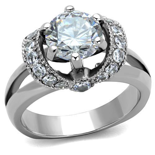JCE1757 High polished (no plating) Stainless Steel Ring with AAA Grade CZ in Clear
