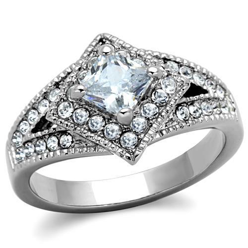 JCE1760 High polished (no plating) Stainless Steel Ring with AAA Grade CZ in Clear