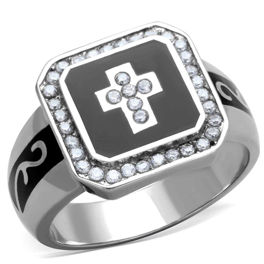 JCE1766 High polished (no plating) Stainless Steel Ring with AAA Grade CZ in Clear