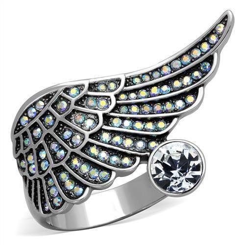 JCE1769 High polished (no plating) Stainless Steel Ring with Top Grade Crystal in Clear